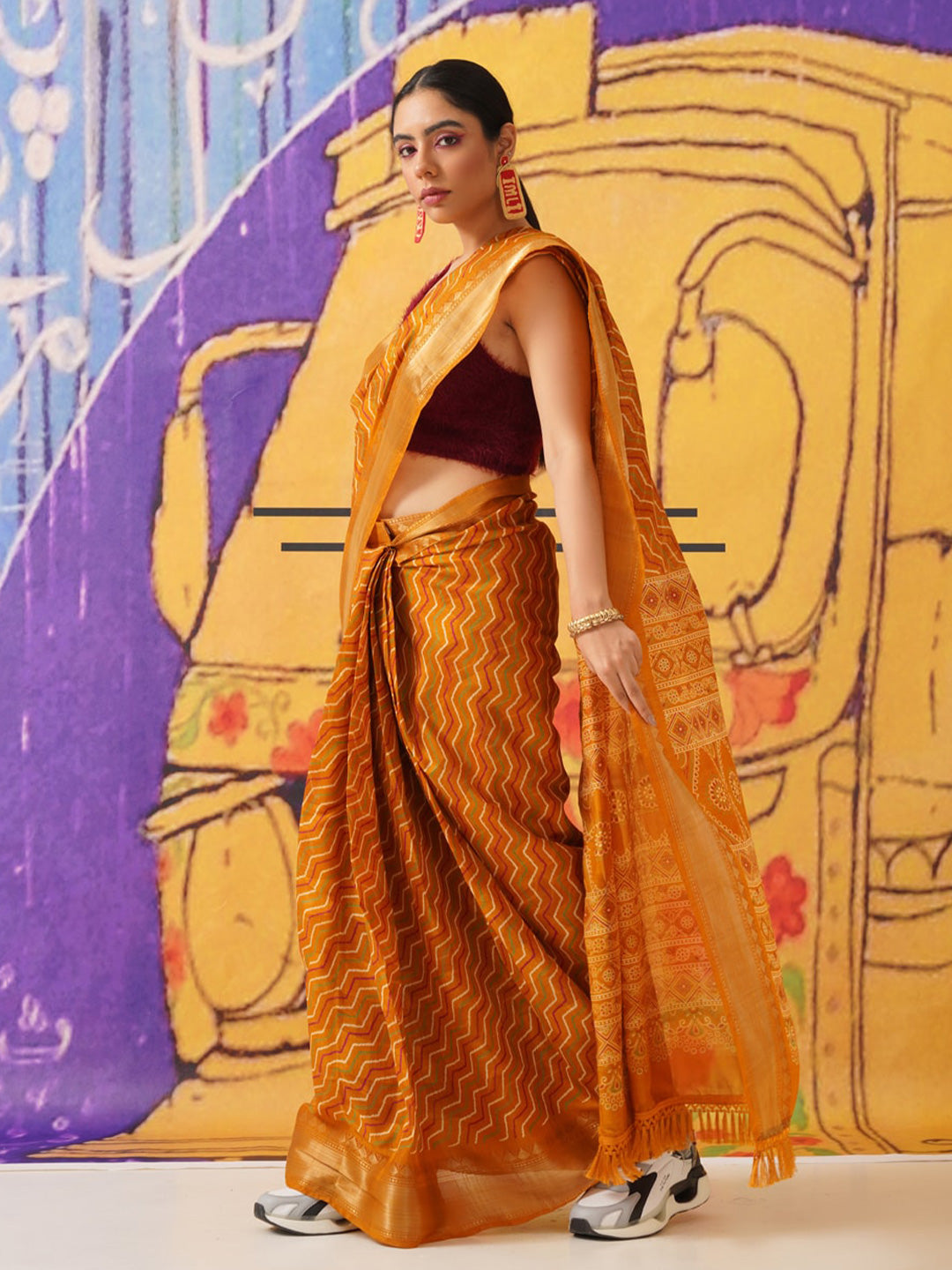 Tikhi Imli Leheriya Zari Jute Silk Ready to Wear Saree - Distacart