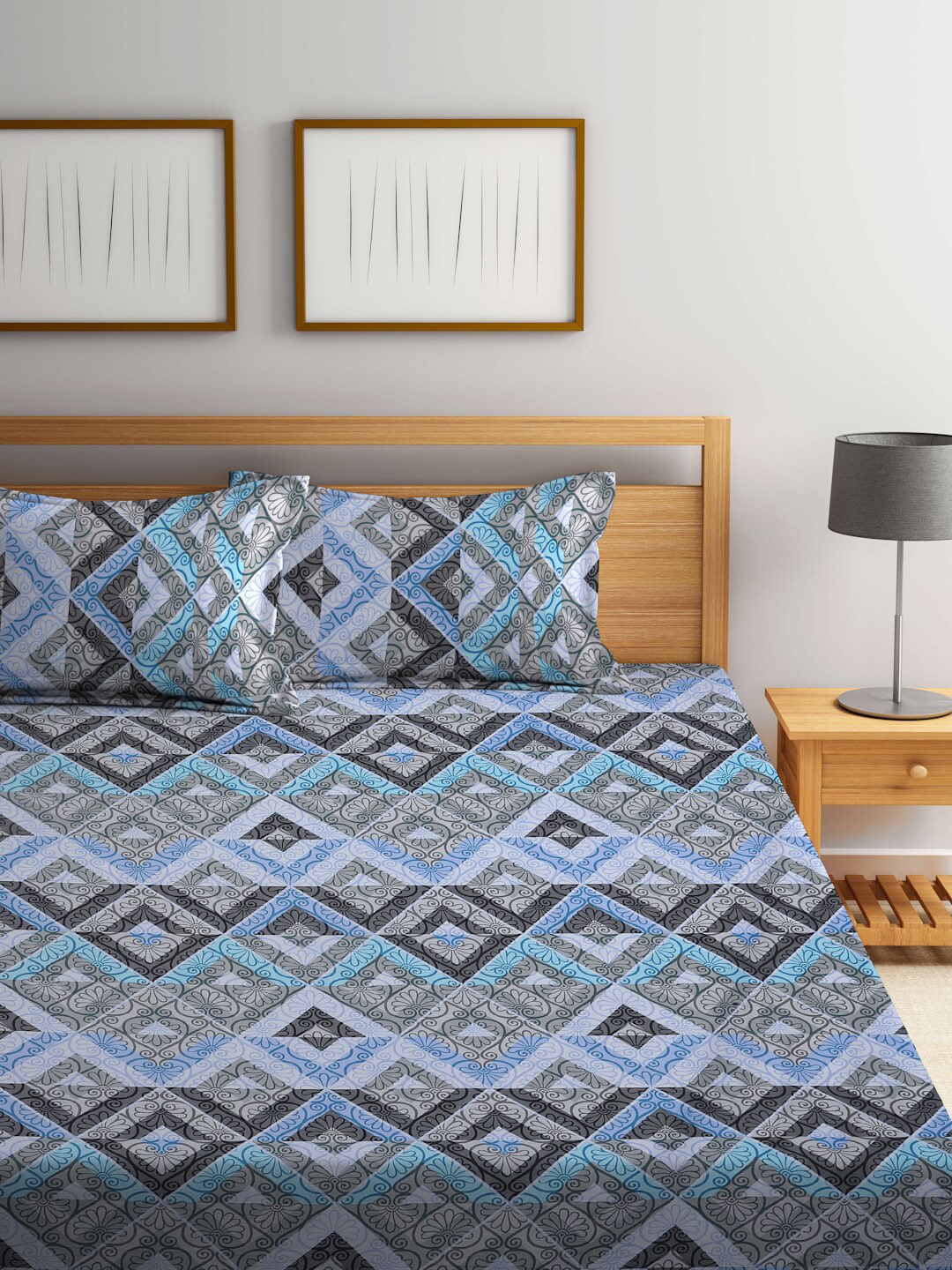 BOMBAY DYEING Epigram Blue & Grey Ethnic Cotton 120 TC Queen Bedsheet With 2 Pillow Covers - Distacart