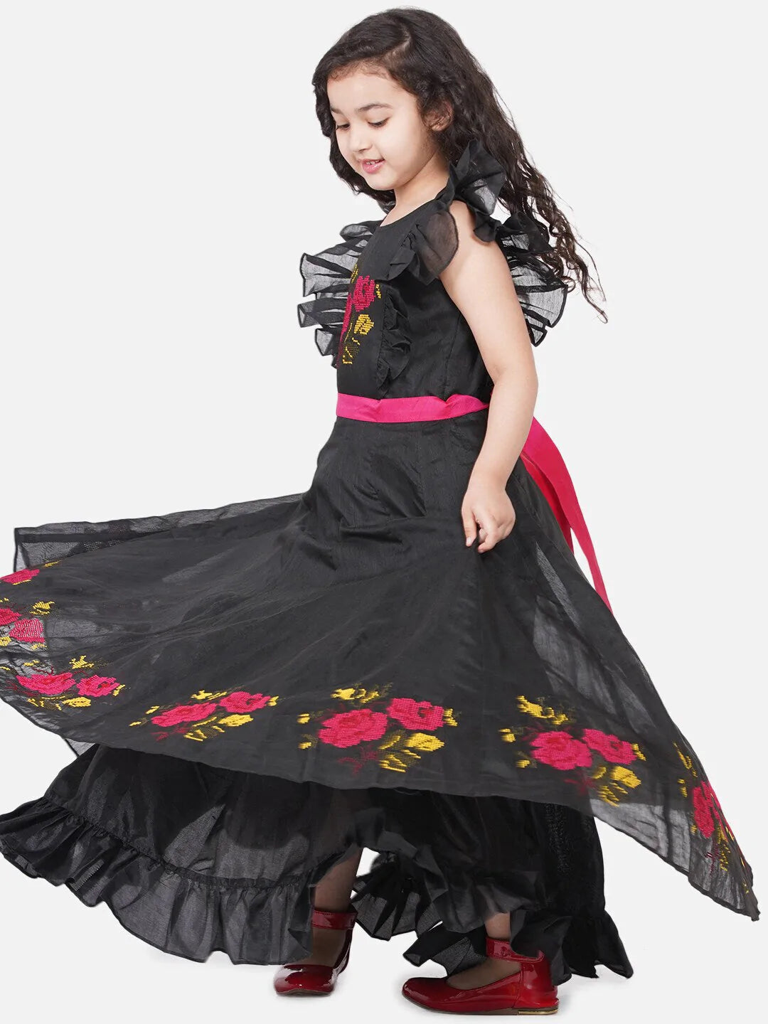 NOZ2TOZ Black Embroidered Flutter Sleeves Maxi Dress For Girls - Distacart
