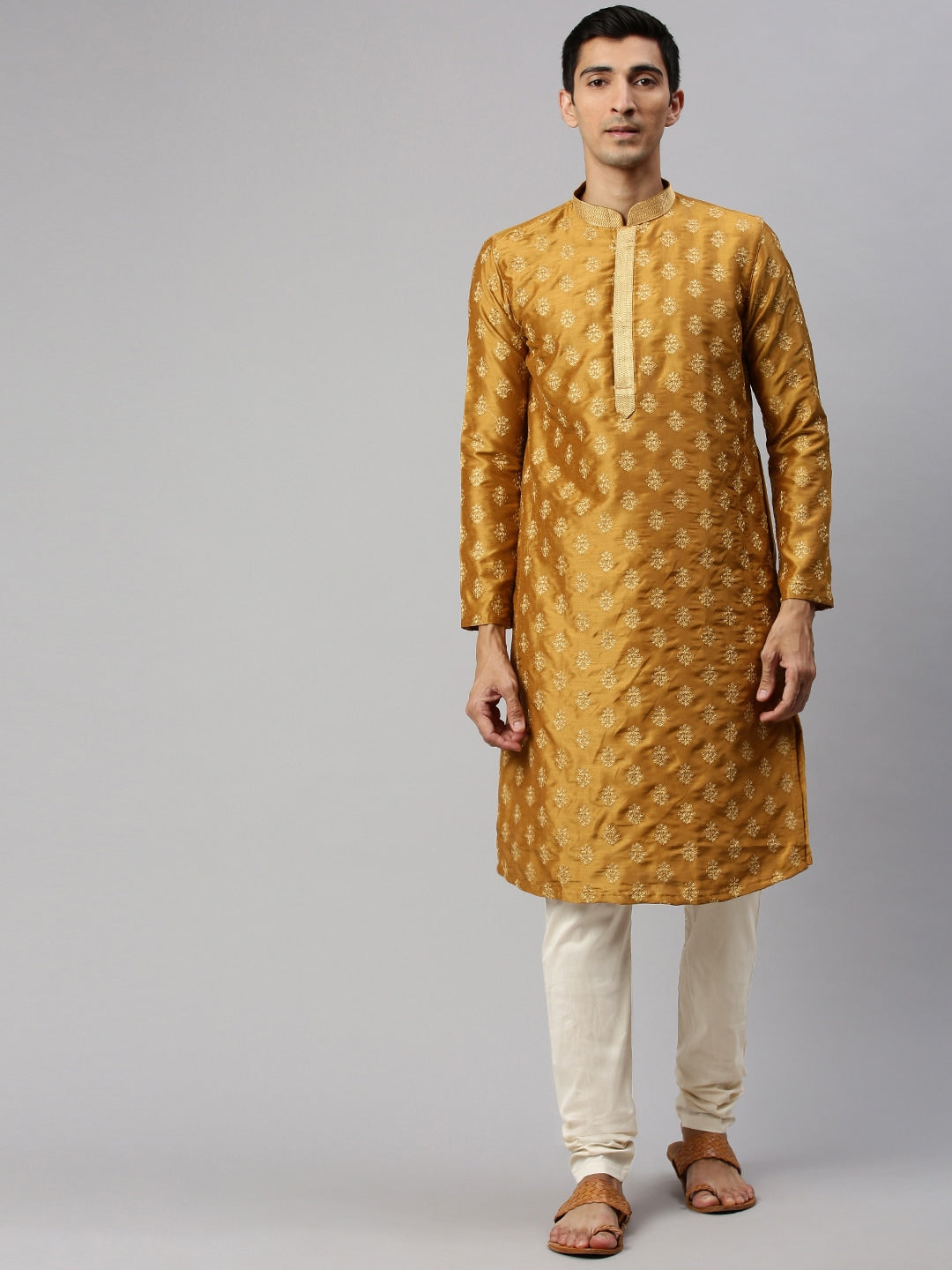 Manyavar Men Mustard Yellow & Gold-Toned Embroidered Kurta with Churidar - Distacart