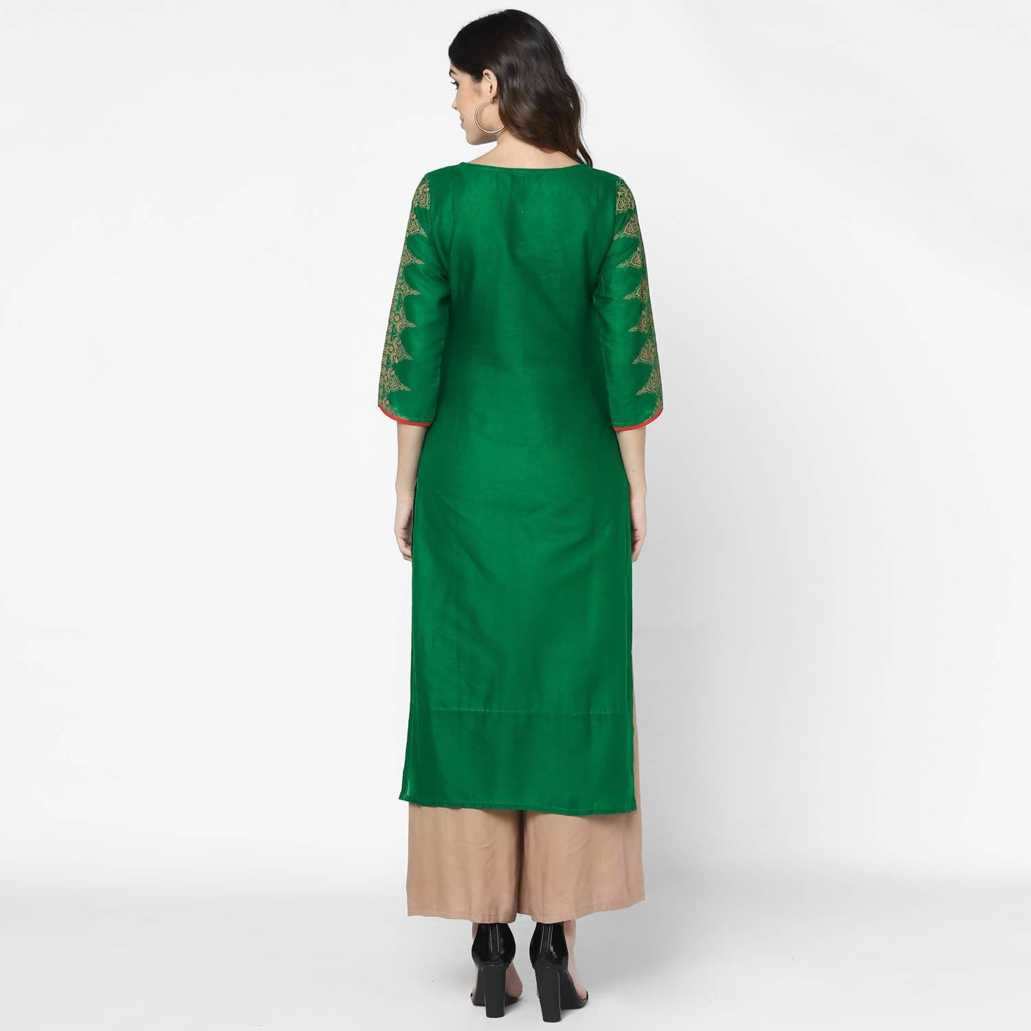 Cheera Hand Block Print Bottle Green & Skin Color Straight Kurta With Palazzo (MAAI-091K)