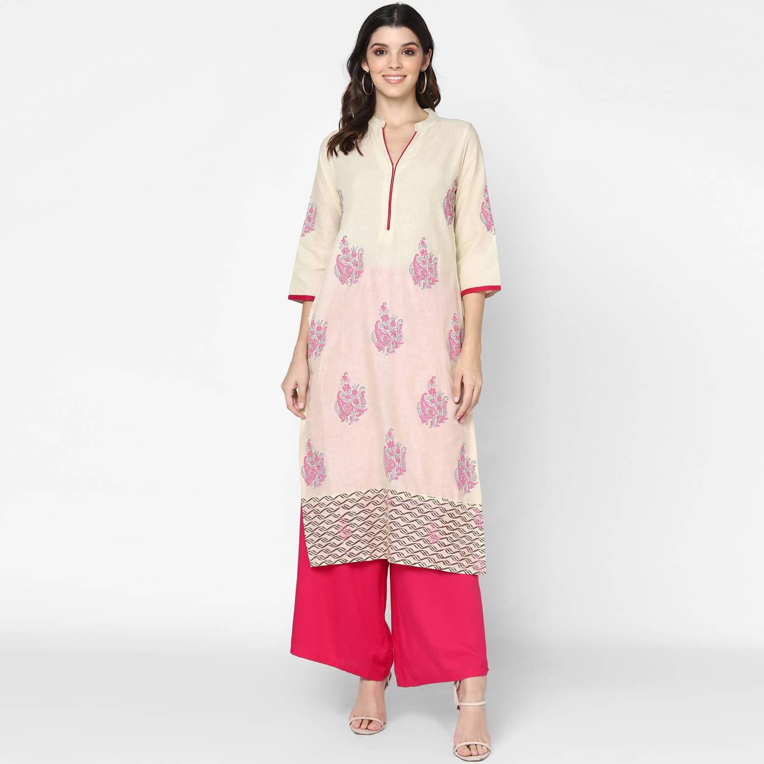 Cheera Hand Block Print Cream Straight Kurta (MAAI-061K)