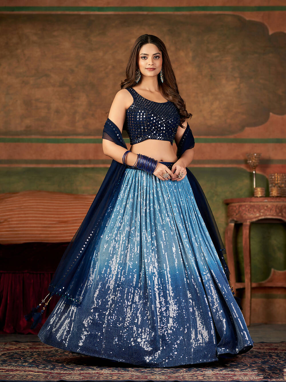 Wedding Designer Sky With Blue Nylon Georgette Readymade Lehenga Choli - Anbazaar - Distacart