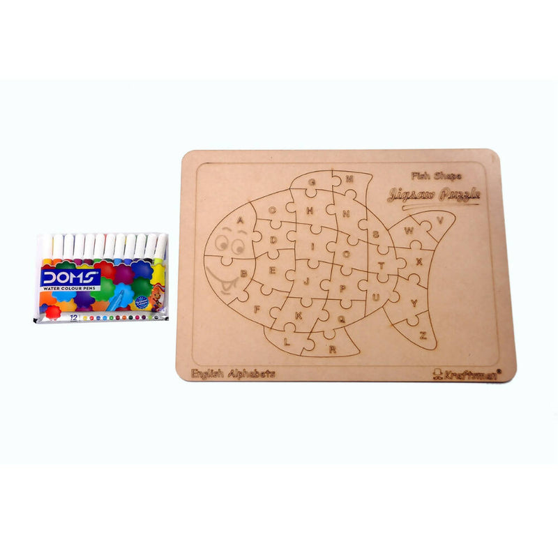 Kraftsman English Alphabets Wooden Jigsaw Puzzles Fish Shape Puzzle | Color Kit Included - Distacart