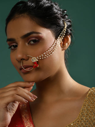 White Red Gold-Plated Kundan-Studded Beaded Nosepin - Ruby Raang - Distacart