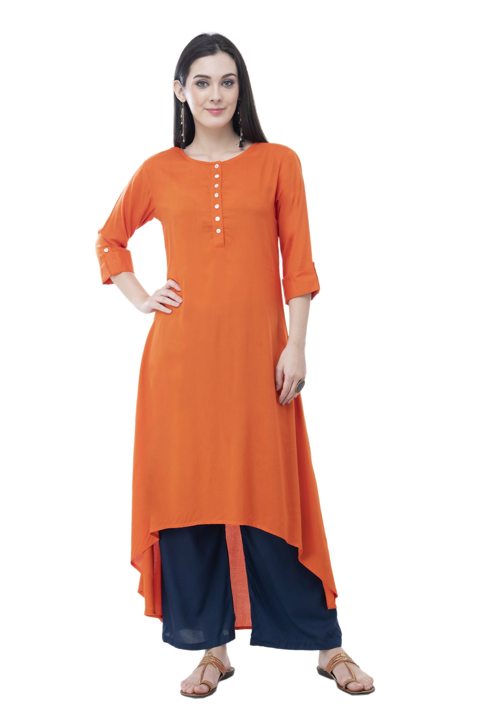 Women's Orange Updown Kurti With Sleeve Cuff And Tabs, Front Buttons - G & A Apparels - Distacart