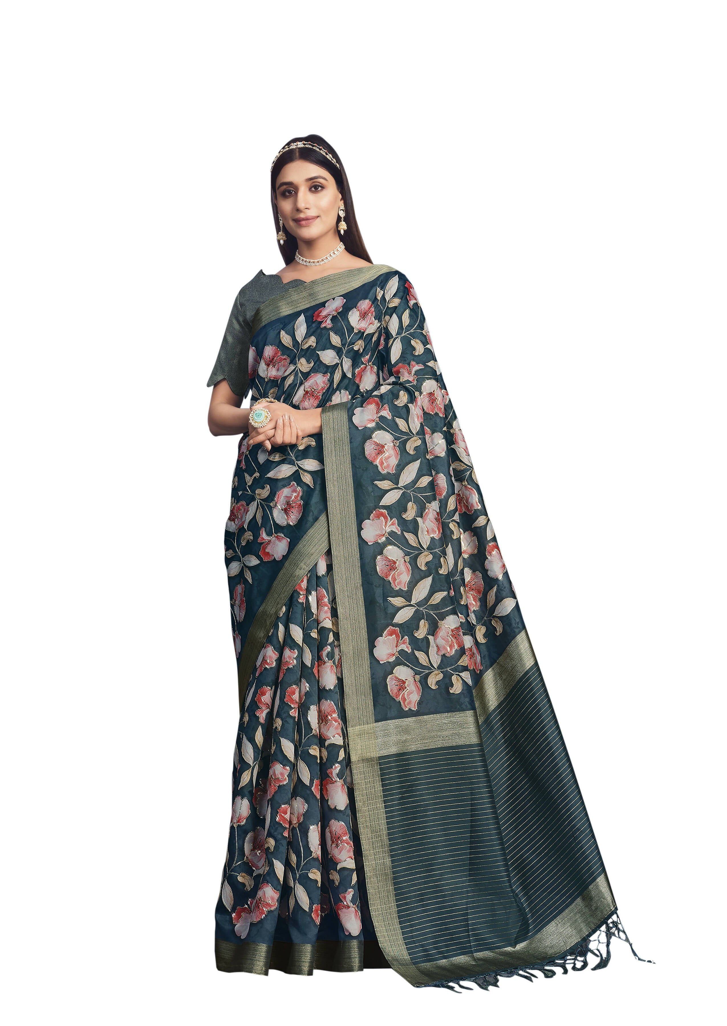 Teal Tusser Silk Floral Printed With Sequence Embroidered Saree With Unstitched Blouse - Mohmanthan Aahana - Distacart