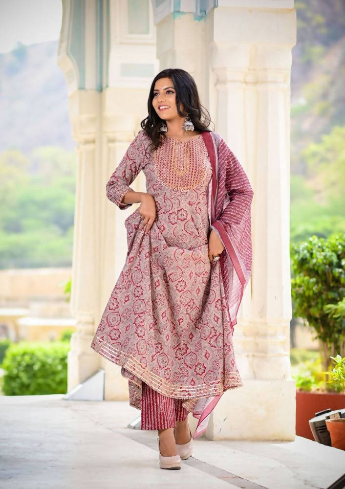 Yufta Women Maroon Printed Kurta with Palazzo and Dupatta