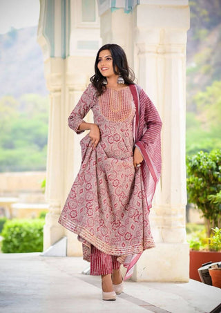 Yufta Women Maroon Printed Kurta with Palazzo and Dupatta