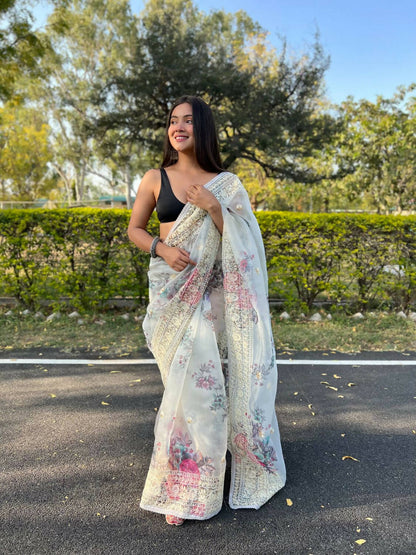 Vastrasky White Organza Saree - Distacart