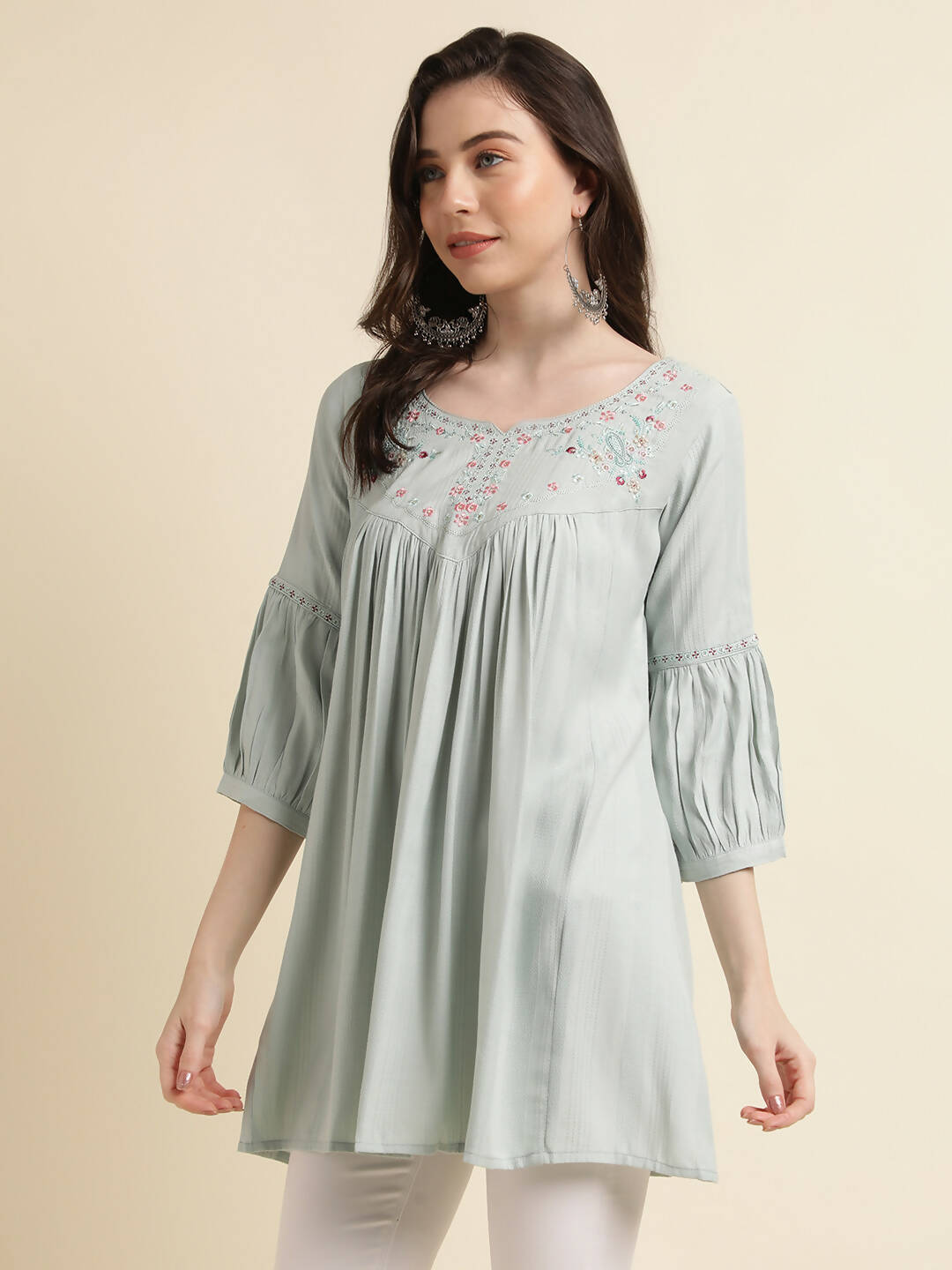 Light Blue Poly Cotton Yoke Embroidered A-line Top - Tarini - Distacart