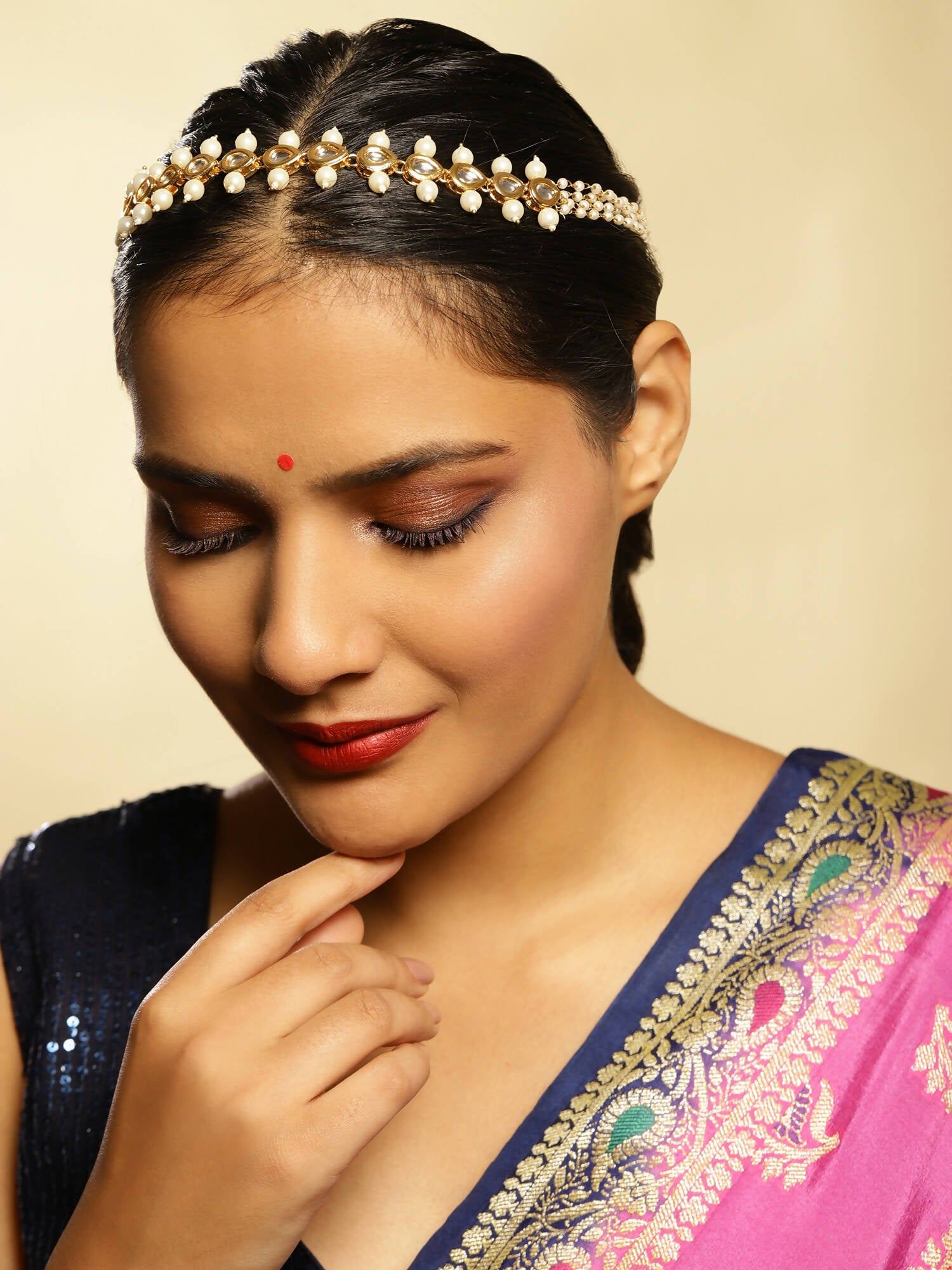 Gold-Plated White Kundan-Studded Pearl Beaded Hair Band - Ruby Raang - Distacart