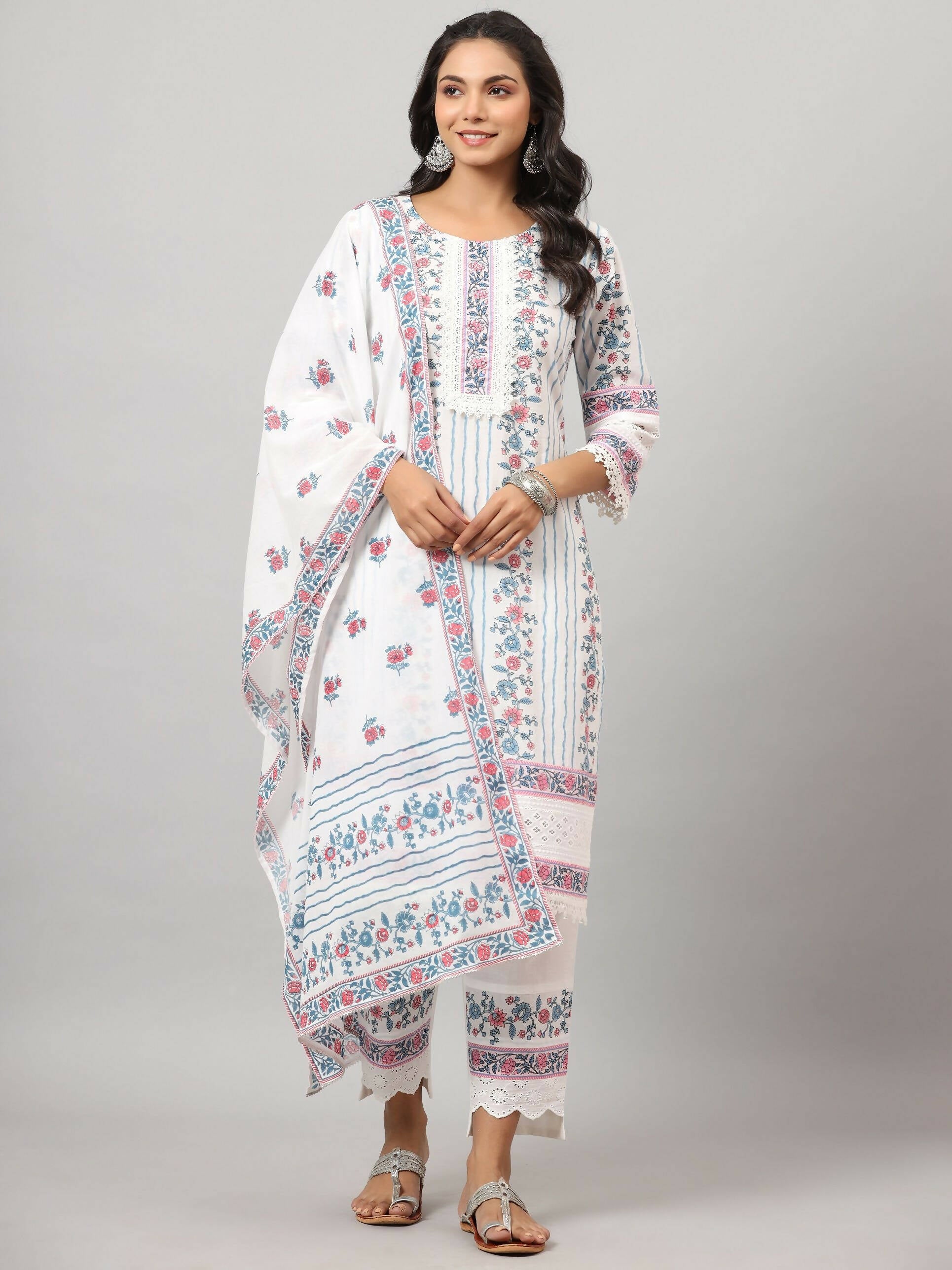 Juniper Women's Off-White Cambric Printed Stright Kurta Sets - Distacart