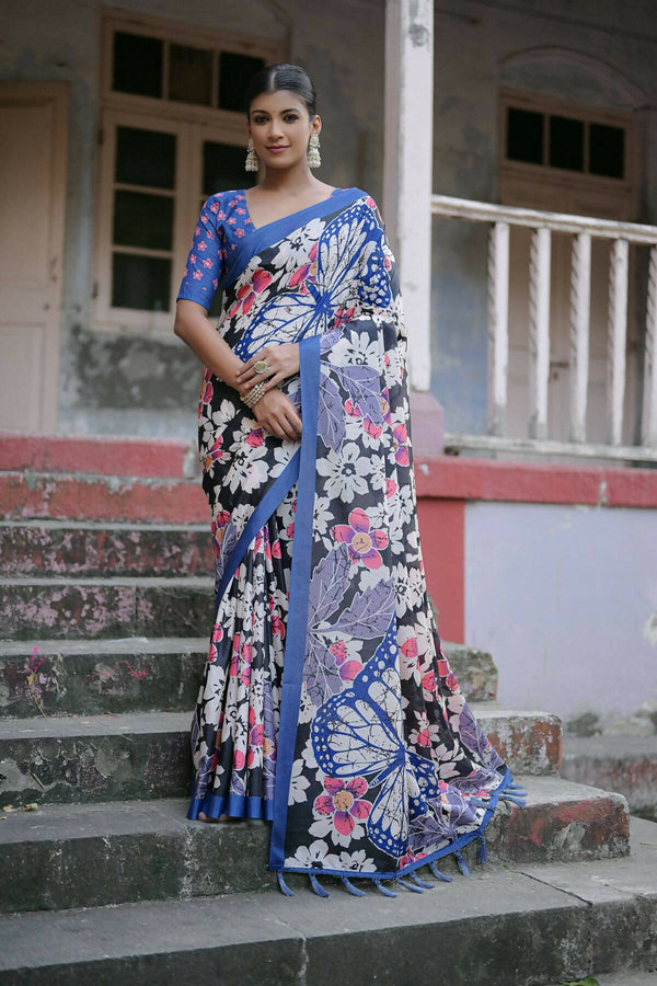 Vishnu Weaves Women's Black Cotton Silk Printed Saree with Blouse - Distacart