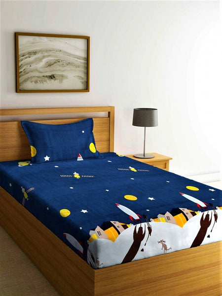Home Sizzler Blue & Yellow Cartoon Characters 144 TC Bedsheet with Pillow Covers - Distacart