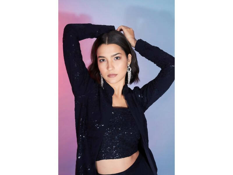 Navy Georgette Sequence With Thread Designer Co-Ord Set - Flory - Distacart