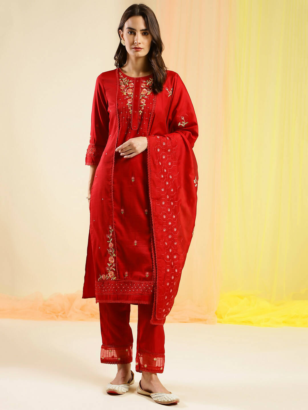 Red Chinon Embroidered Straight Kurta with Trouser & Dupatta - Salimar - Distacart