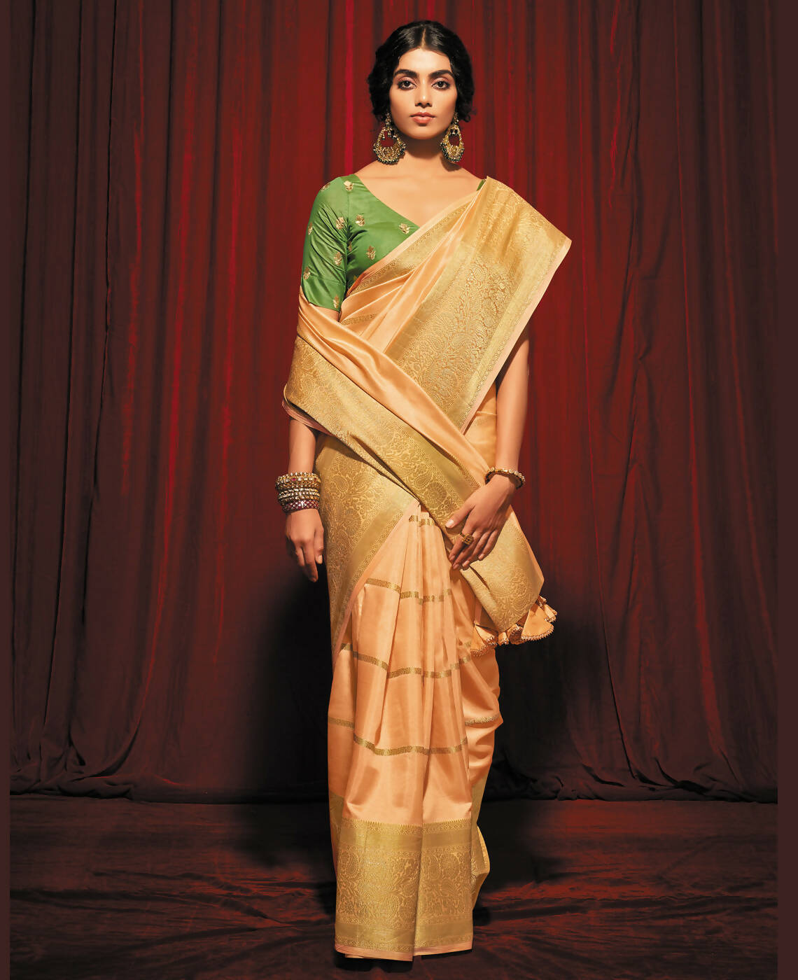 Peach Silk Striped Pattren Saree With Unstitched Blouse Piece - Zyanya - Distacart