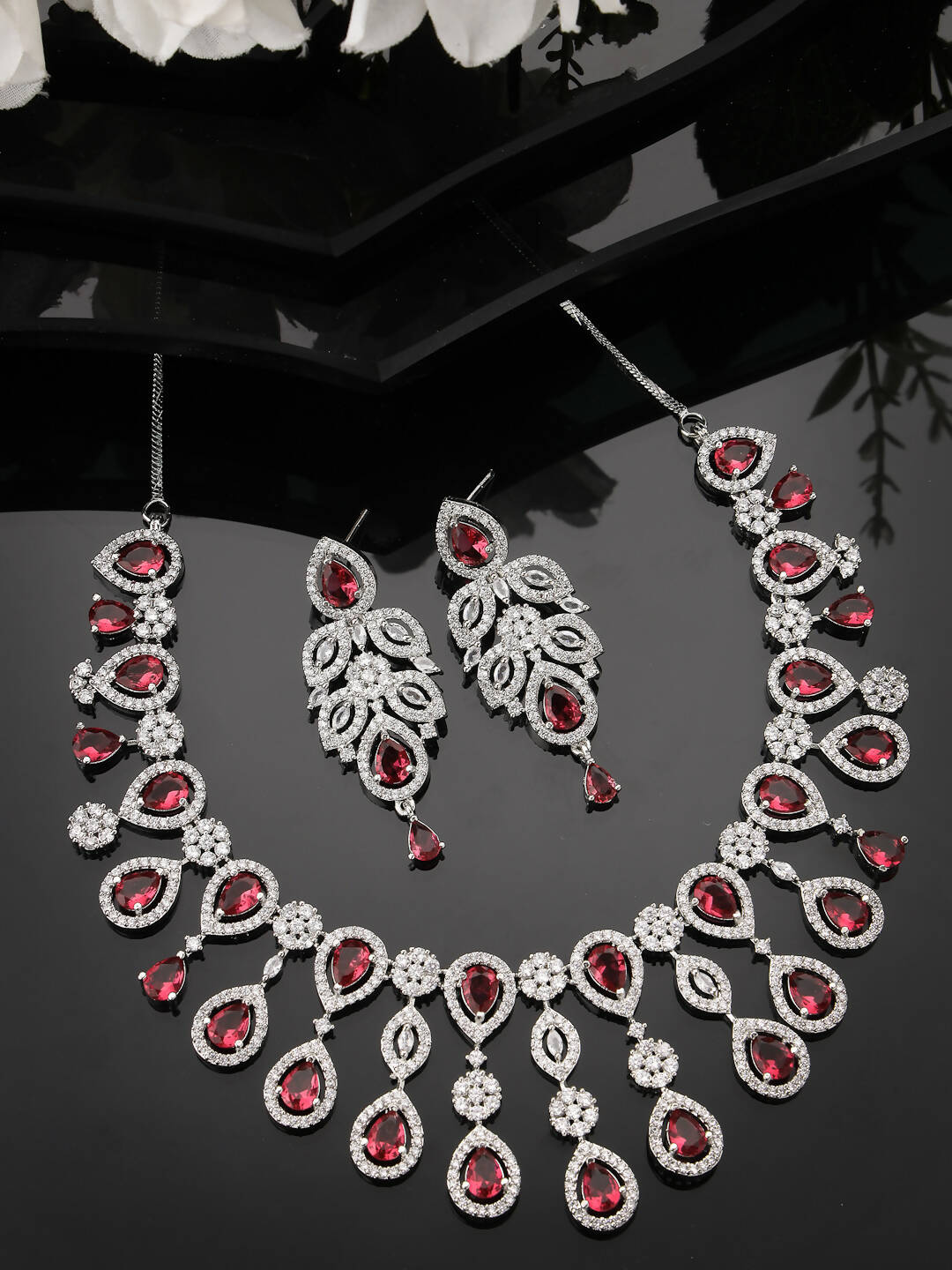 NVR Women Silver Plated & Maroon Cz Stone Handcrafted Jewellery Set - Distacart