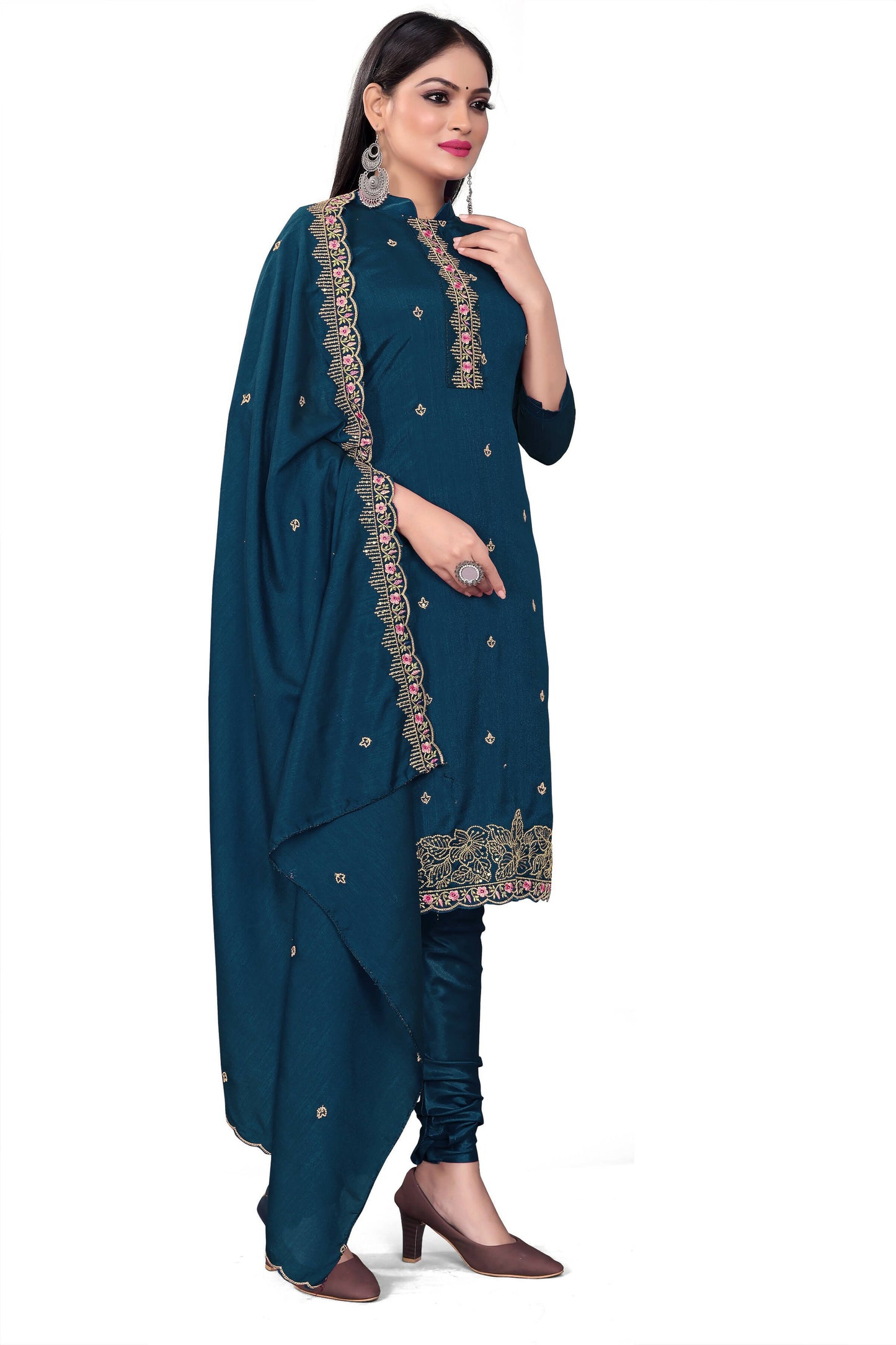 Blue Silk Embroidered with Sequins work Unstitched Dress Material - Tanvi - Distacart
