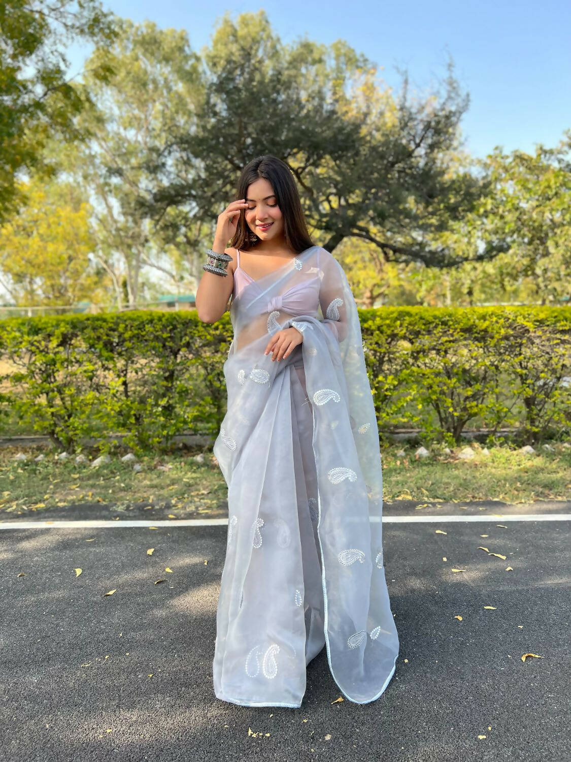 Vastrasky Grey Organza Saree - Distacart