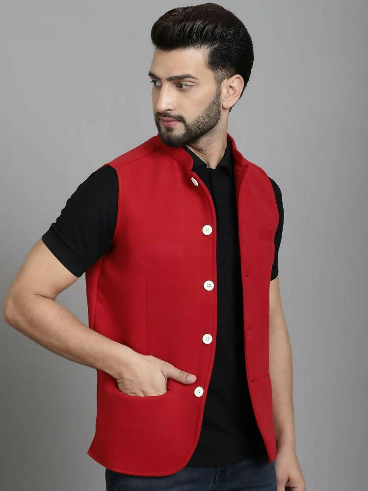 Even Apparels Nehru Jacket With Welt Pockets - Red - Distacart