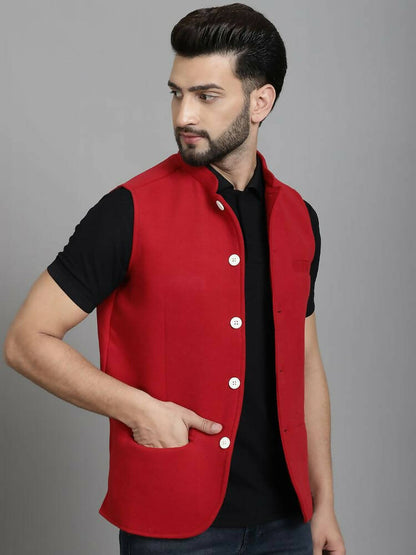 Even Apparels Nehru Jacket With Welt Pockets - Red - Distacart