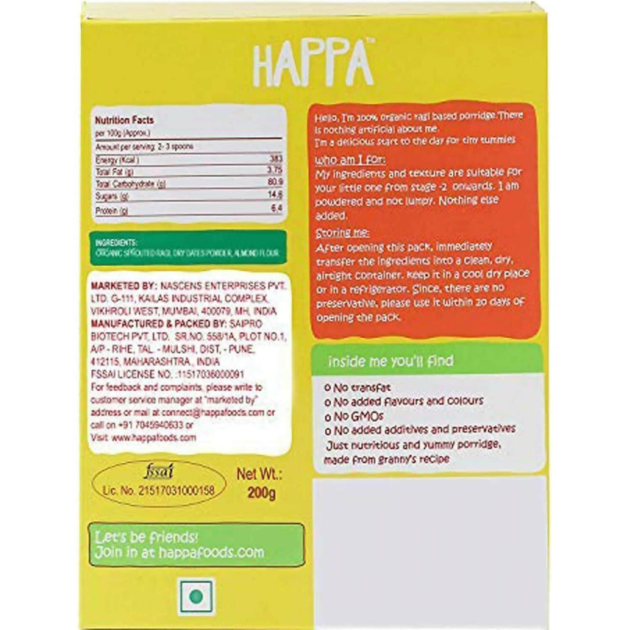 Happa Organic Baby Food Sprouted Ragi, Almonds + Dates Porridge Mix Combo - Distacart