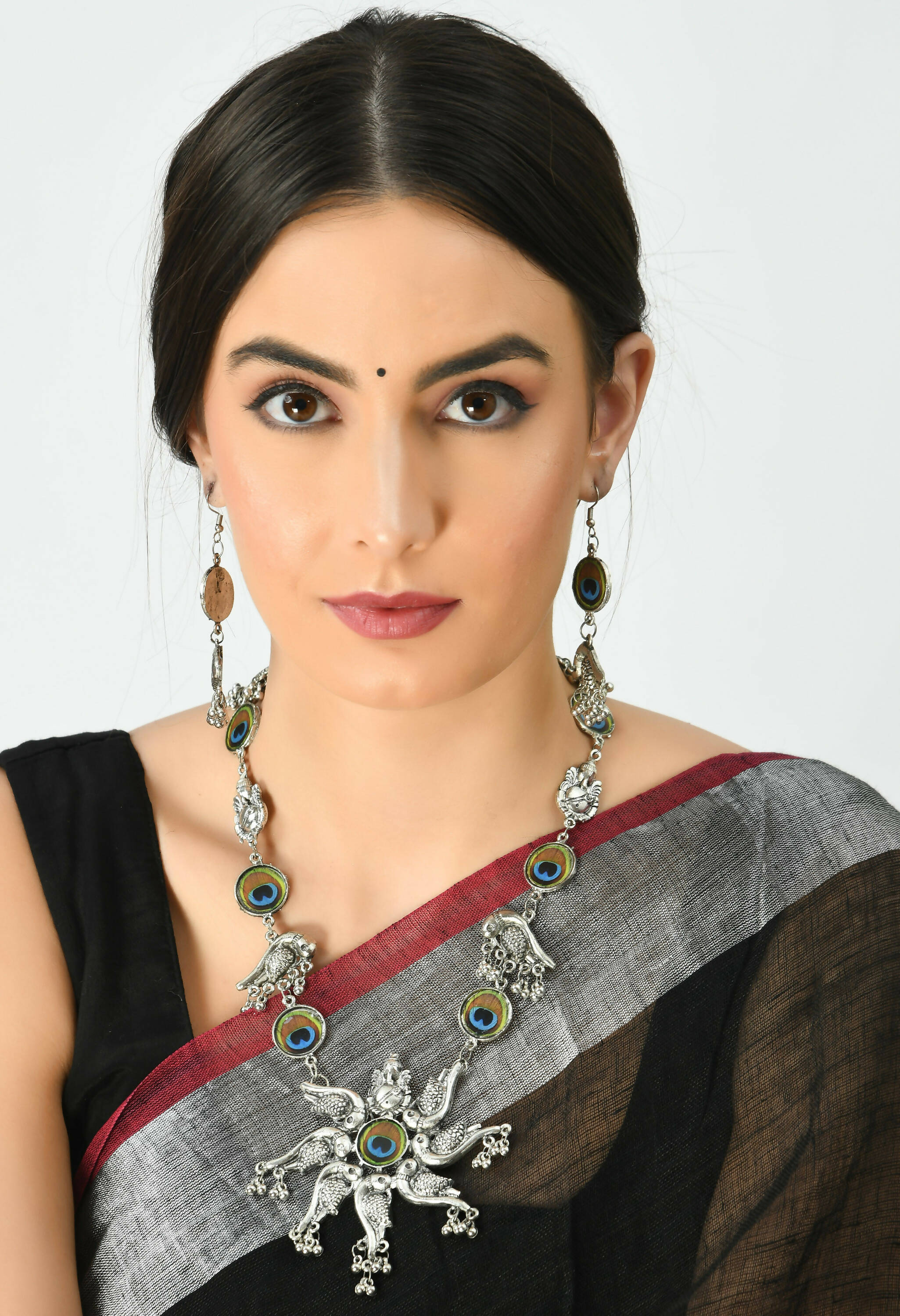 Mominos Fashion Johar Kamal Oxidised Silver-Plated Brass Finish Peacock Design Long Necklace Set For Women - Distacart