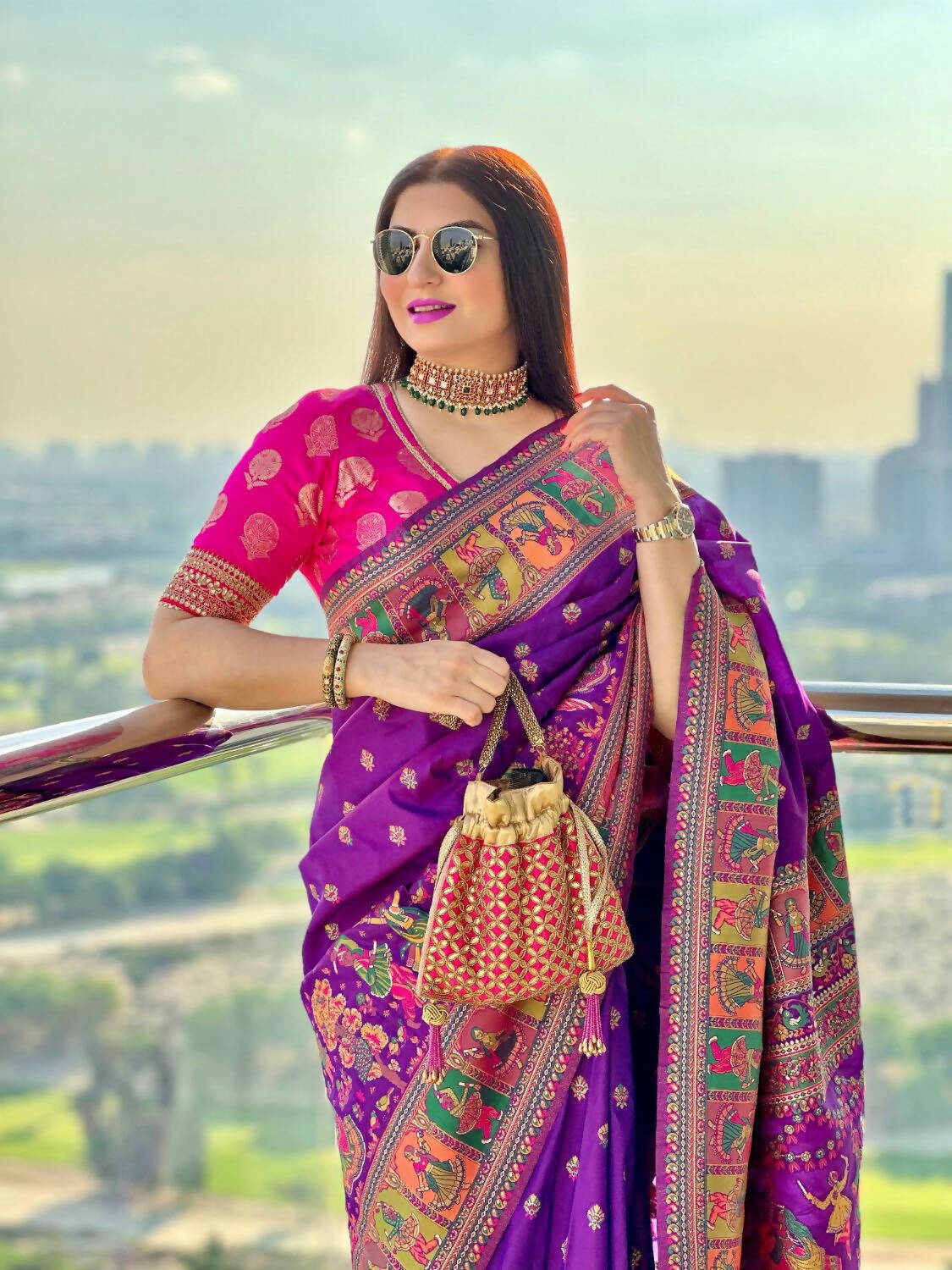 Vishnu Weaves Women's Purple Banarasi Silk Kashmiri Woven Saree with Blouse - Distacart