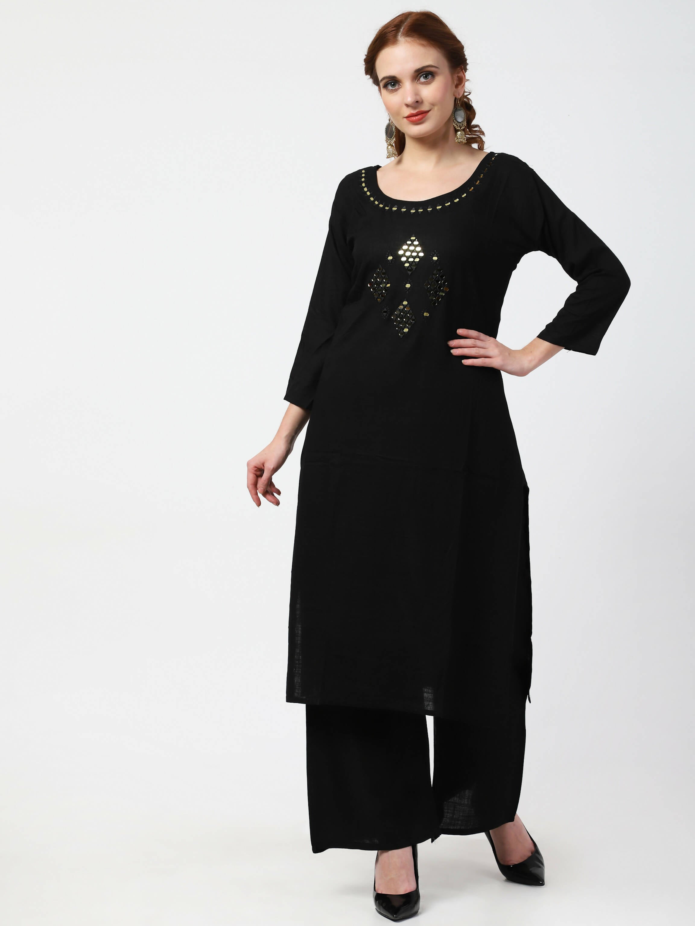 Cheera Women's Black Rayon Slub Kurta Palazzo Organza Silk Dupatta Set - Distacart