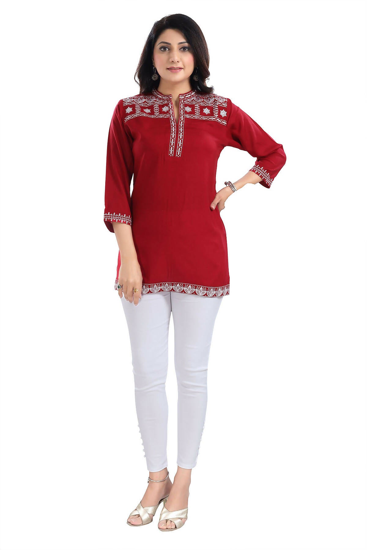 Snehal Creations Rosy Red Women Embroidered Boho Chic Tunic Top - Distacart