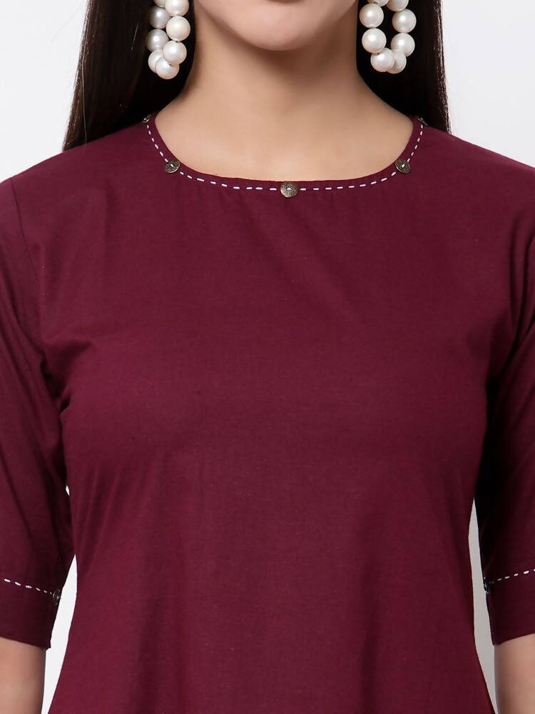 Myshka Women's Pure Cotton 3/4 Sleeve Round Neck Casual Maroon Dress