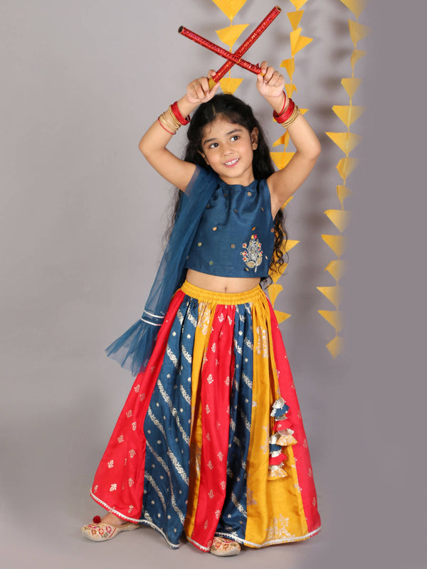 Lil Drama Girls Choli Ghaghra & Dupatta Set - Teal Blue - Distacart