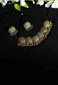 Thumbnail for Tehzeeb Creations Oxidised Golden Colour Necklace And Earrings With Lotus Design