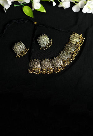 Tehzeeb Creations Oxidised Golden Colour Necklace And Earrings With Lotus Design