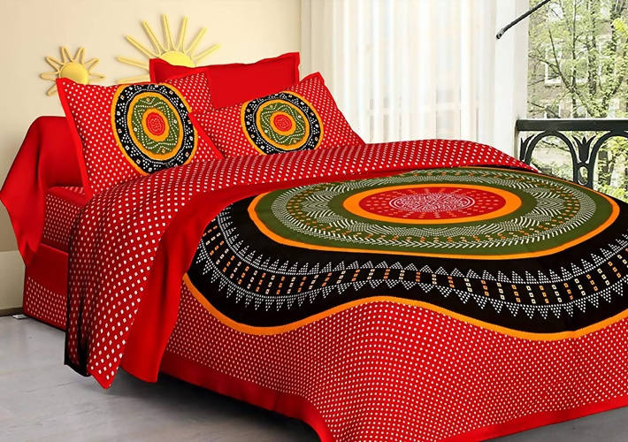 Vamika Printed Cotton Red Color Beautiful Design Bedsheet With Pillow Covers (LEOC_BANDJ_R) - Distacart