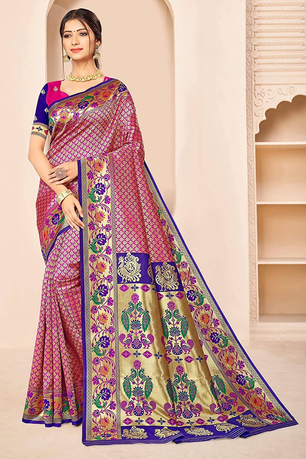 Jaanvi Fashion Women s Rani Blue Banarasi Paithani Silk with Zari Jacquard Work Saree with Blouse Piece