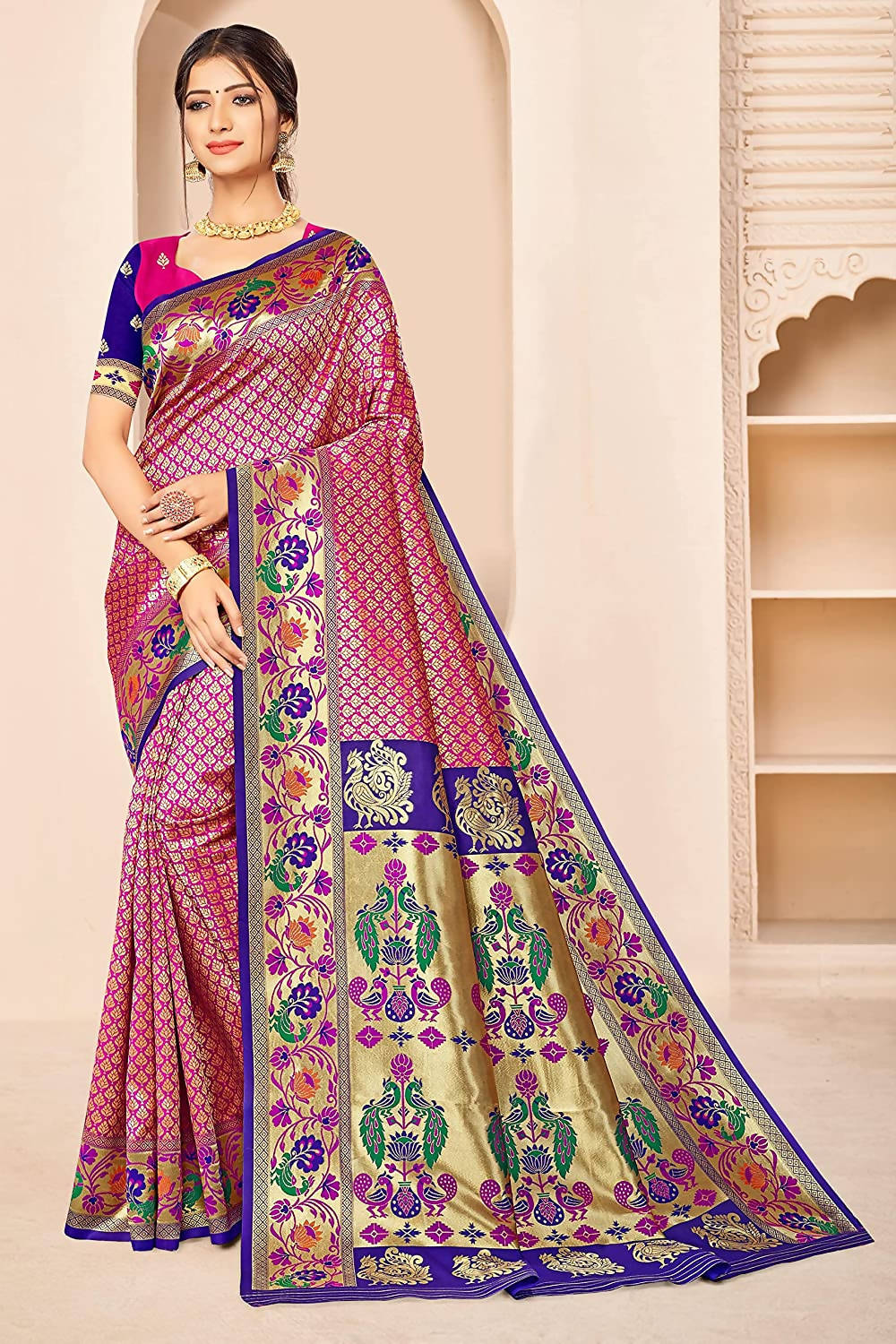 Jaanvi Fashion Women's Rani Blue Banarasi Paithani Silk With Zari Jacquard Work Saree With Blouse Piece