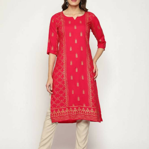 Maai Rayon Hand Printed Kurta Red - Distacart