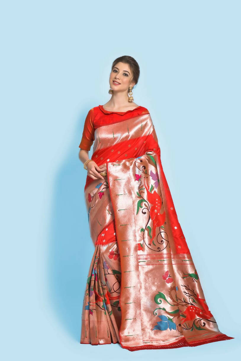 Vishnu Weaves Women's Red Paithani Silk Zari Woven Saree with Unstitched Blouse - Distacart