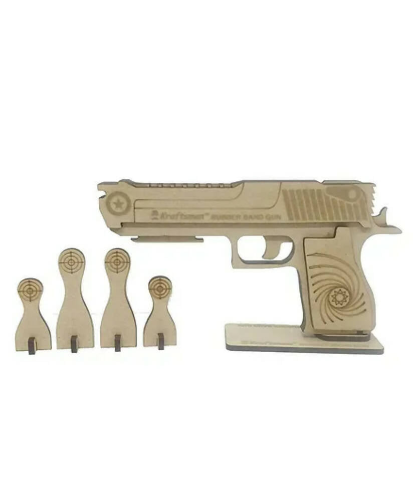 Kraftsman Semi-Automatic Wooden Rubber Band Shooting Gun Toys for Kids & Adults with Target | 5 Rapid Fire Shots (Beige) - Distacart