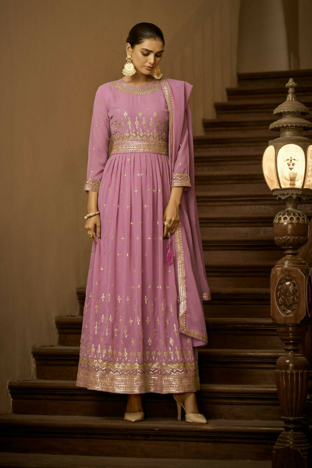 Lavender Heavy Faux Georgette Anarkali Embroidered Kurta Set - Dhvani - Distacart