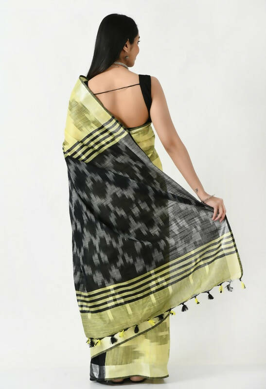Mominos Fashion Moeza Lemon Yellow & Black Bhagalpuri Handloom Ikat Pure Cotton Saree with unstitched Blouse piece - Distacart