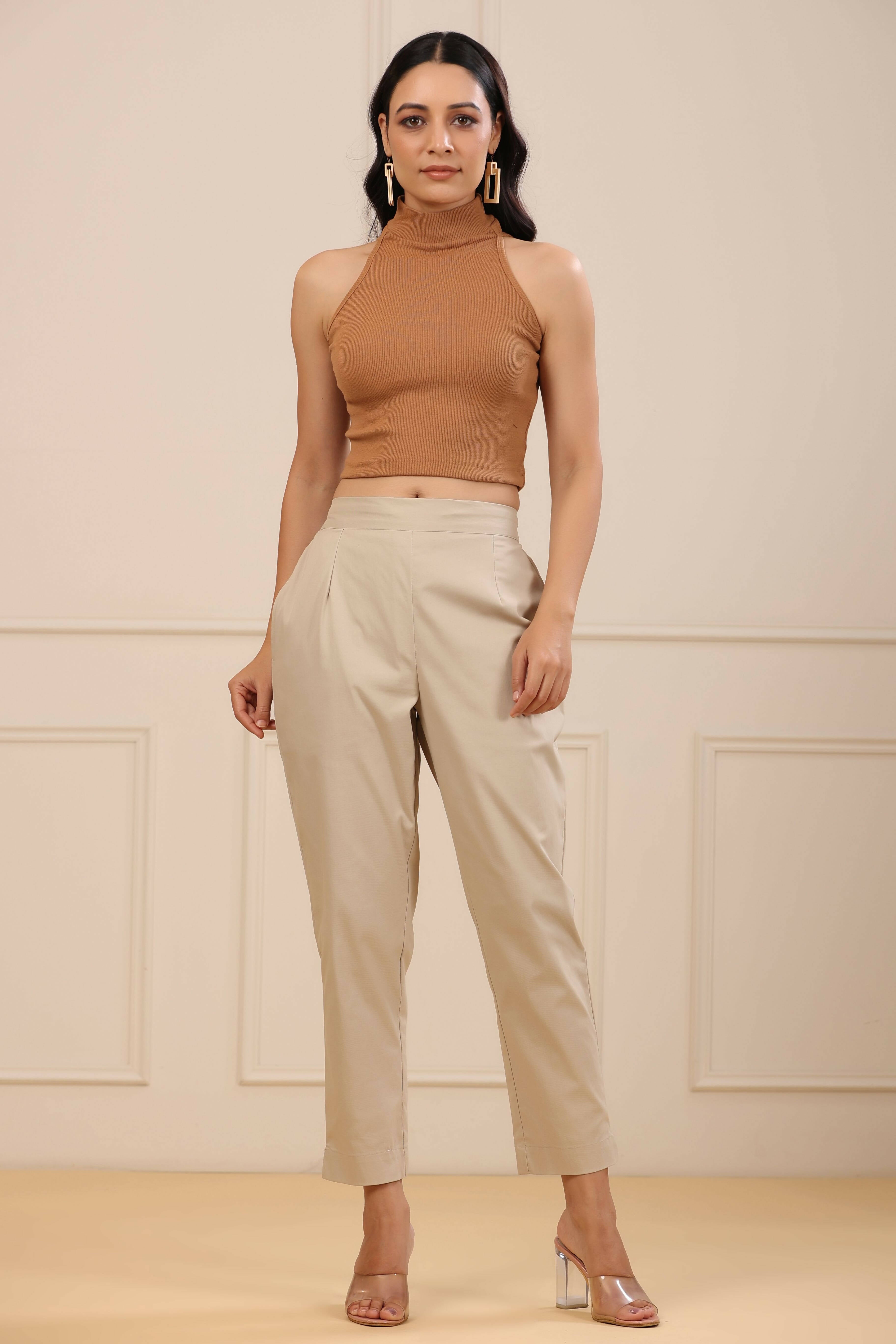 Juniper Women's Beige Cotton Spendex Solid Straight Pant - Distacart