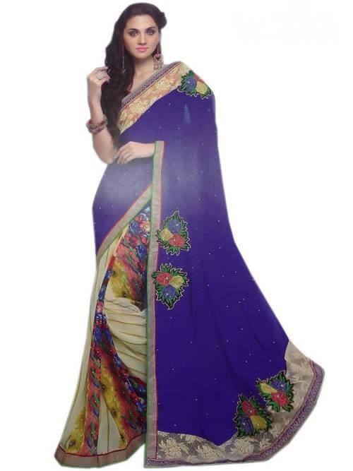 Vamika Blue & Cream Patch Work Designer Saree