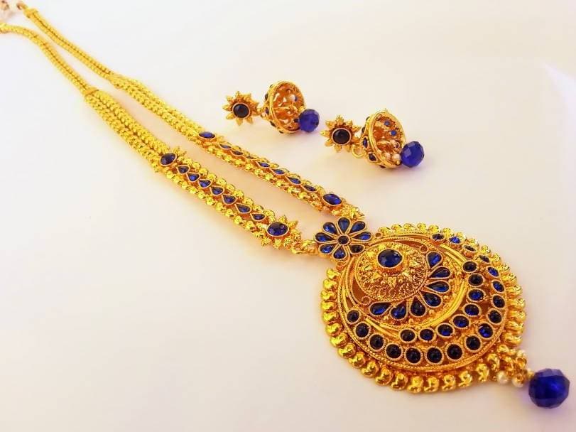 Blue Kemp Long Necklace Set For Parties