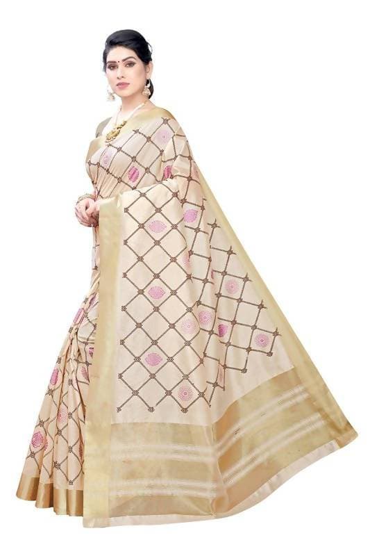 Vamika Weaving Cream Cotton Polyester Silk Saree (KERALA CHECKS)