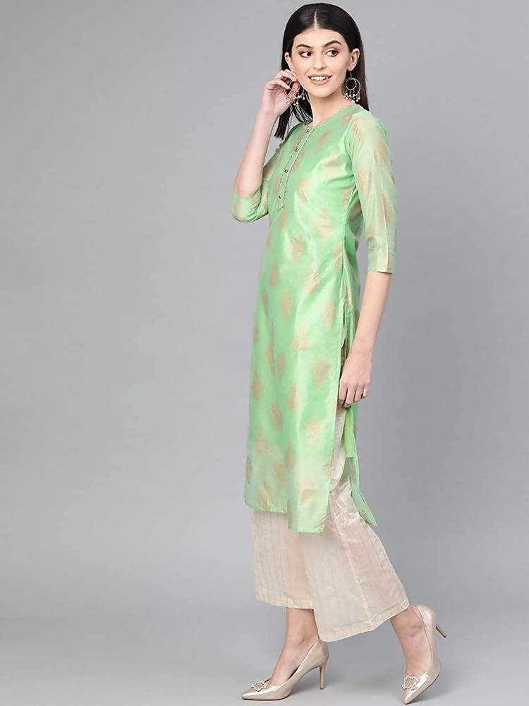 Yufta Women Green & Off-White Printed Kurta with Palazzo