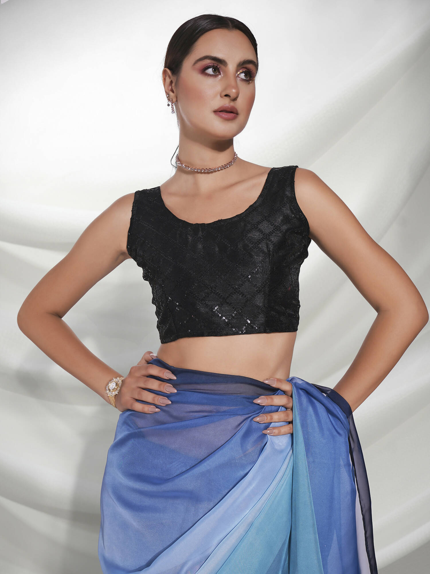 Blue Organza Solid Saree With Unstitched Blouse Piece - Shanaya - Distacart